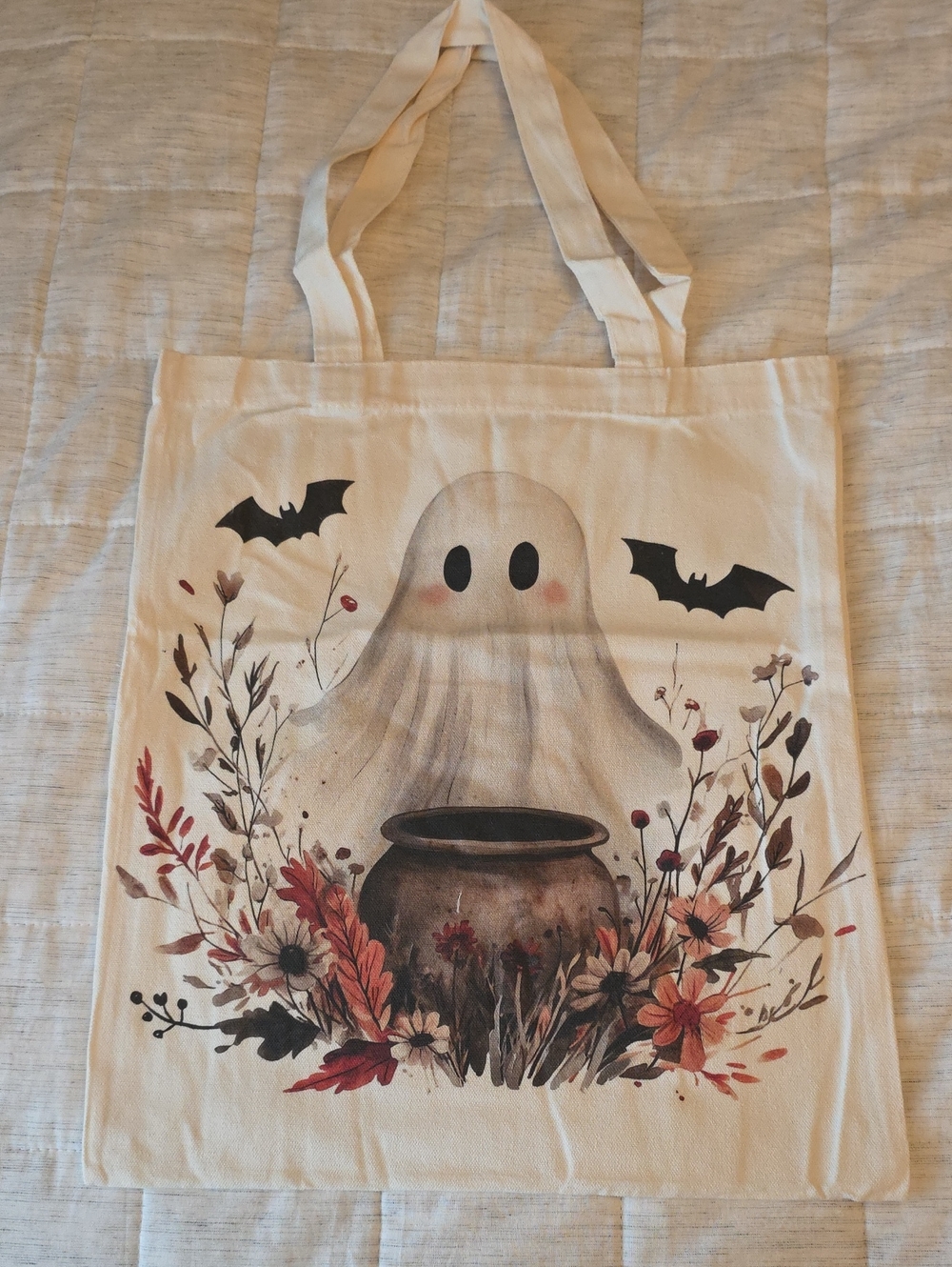 Cream Ghost Halloween Tote Bag with Fall Floral Design